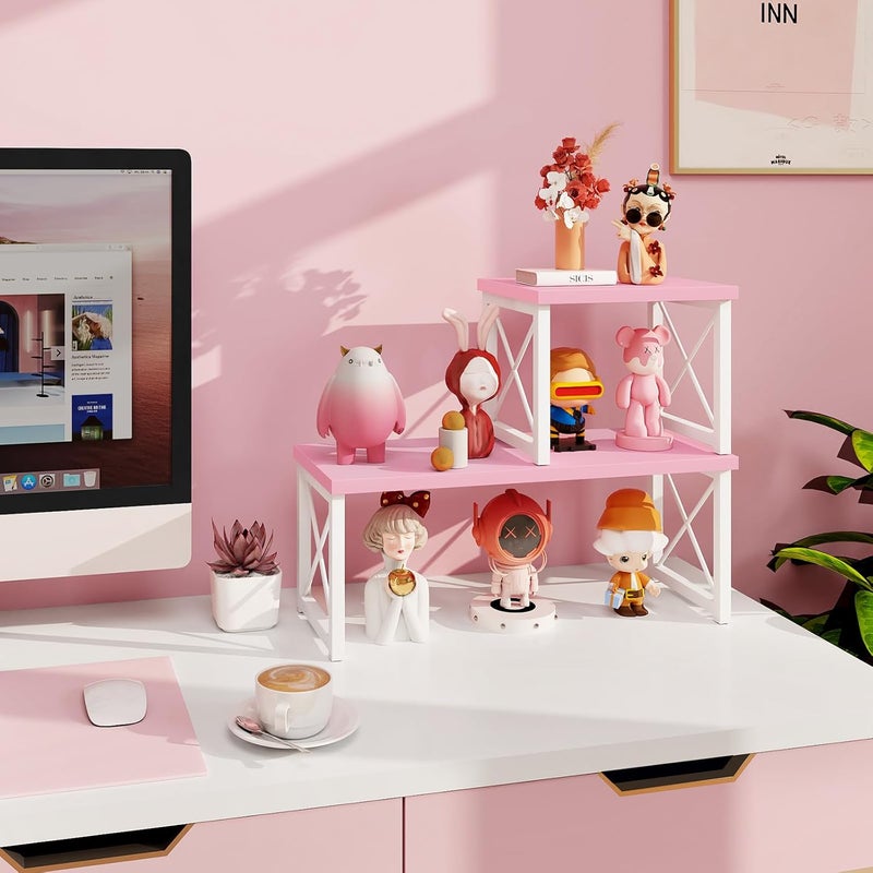 ELITEROO Desktop Shelf, 2 Tier Independent Stackable Desk Stand, Adjustable Freestanding Table Top Mini Bookshelf, Aesthetic Storage Organizers for Women/Girls/Daughter, Pink - Image 2